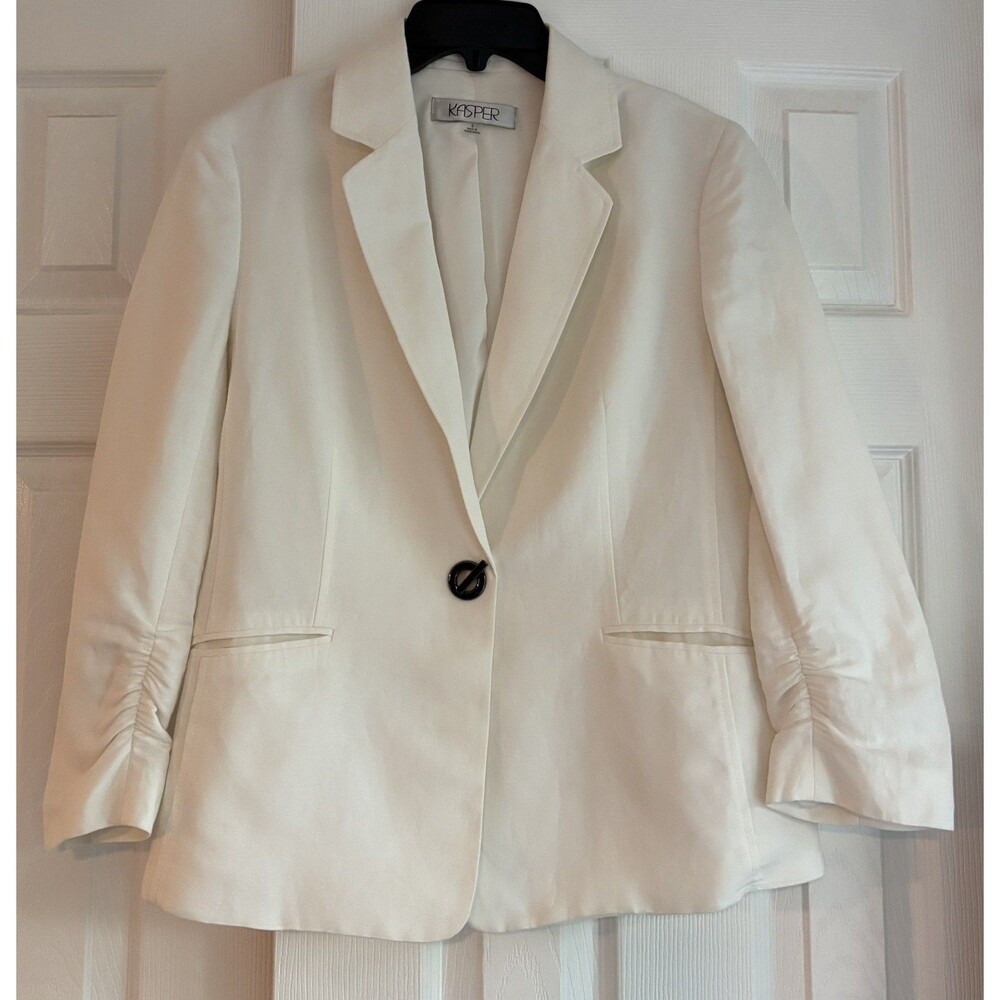 Y2K Women’s Kasper Blazer Linen Blend White Ivory Ruched 3/4 Length Sleeve Sz 6